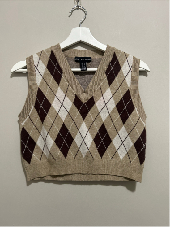 Streetwear Society Sweaters - Women's Argyle V-Neck Sweater Vest, Size L, Beige/Brown